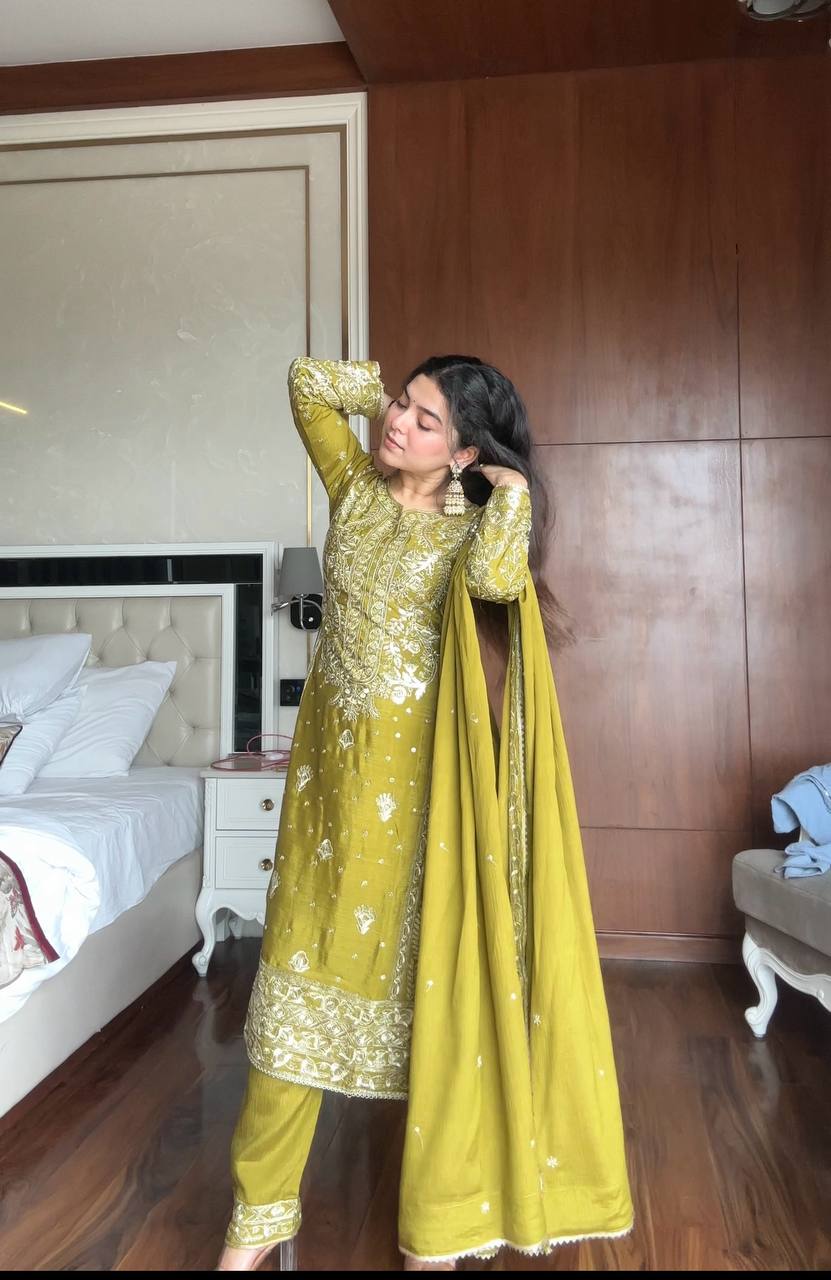 Prazu Fashion Lime Green Chinon Silk Embroidered Salwar Suit