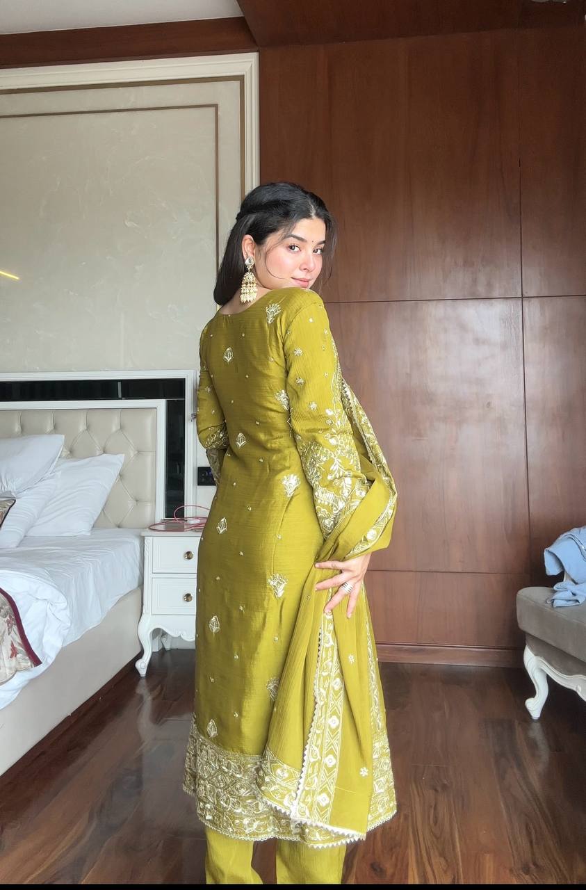 Prazu Fashion Lime Green Chinon Silk Embroidered Salwar Suit