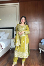 Thumbnail for Prazu Fashion Lime Green Chinon Silk Embroidered Salwar Suit