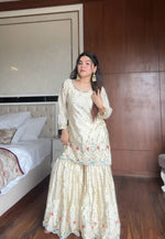 Thumbnail for Prazu Fashion Off White Chinon Silk Embroidered Sharara Suit
