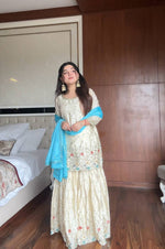 Thumbnail for Prazu Fashion Off White Chinon Silk Embroidered Sharara Suit