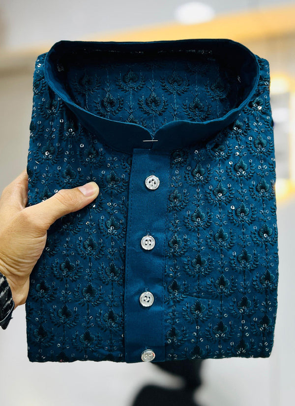 Prazu Fashion Royal Blue Rayon Embrodered Kurta With Pajama