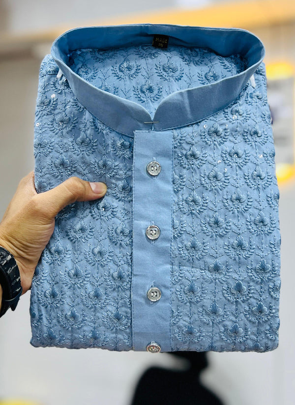Prazu Fashion Sky Blue Rayon Embrodered Kurta With Pajama