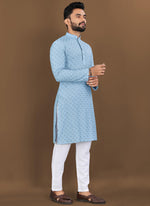 Thumbnail for Prazu Fashion Sky Blue Rayon Embrodered Kurta With Pajama