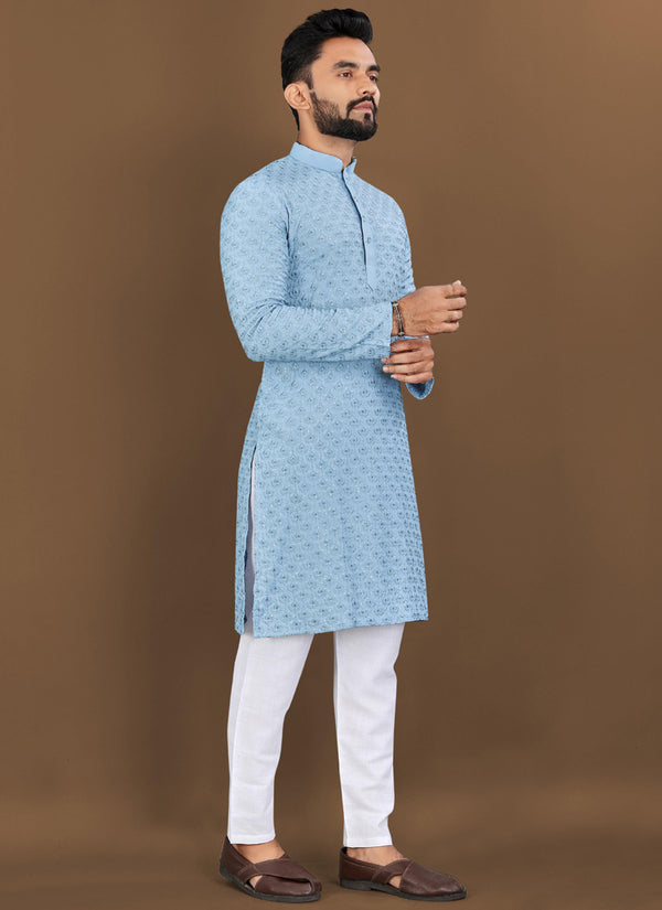 Prazu Fashion Sky Blue Rayon Embrodered Kurta With Pajama