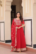 Thumbnail for Teeya Creation Red Color Faux Georgette Embroidery Work Wedding Wear Long Gown