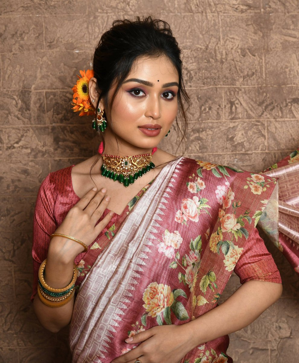 Aastha Fashion Rani Pink Floral Printed Silk Saree with Blouse - Distacart