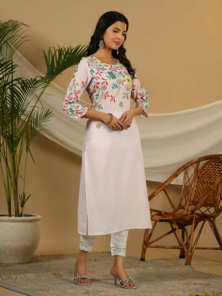 Juniper Pink Floral Printed Rayon Kurta With Sequins & Beads Work - Distacart