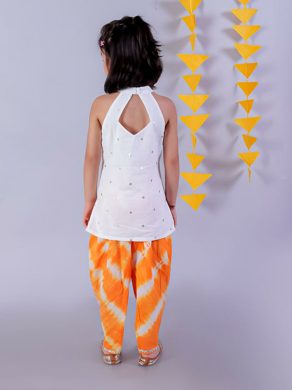 Lil Drama Janmashtami White Girls Cotton Kurta and Orange Dhoti Ethnic Set - Distacart
