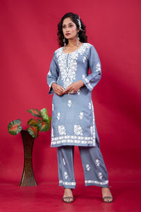 Thumbnail for Lyush Women Party Wear Lucknowi Embroidery Worked Kurta With Pant - Grey