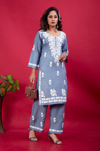 Thumbnail for Lyush Women Party Wear Lucknowi Embroidery Worked Kurta With Pant - Grey