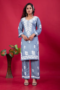 Thumbnail for Lyush Women Party Wear Lucknowi Embroidery Worked Kurta With Pant - Grey