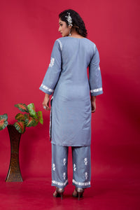 Thumbnail for Lyush Women Party Wear Lucknowi Embroidery Worked Kurta With Pant - Grey
