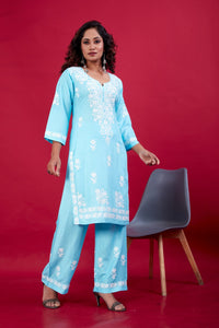 Thumbnail for Lyush Women Party Wear Lucknowi Embroidery Worked Kurta With Pant - Sky Blue
