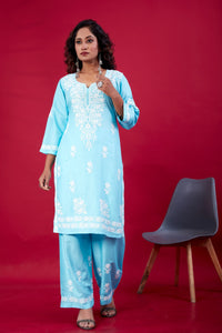 Thumbnail for Lyush Women Party Wear Lucknowi Embroidery Worked Kurta With Pant - Sky Blue