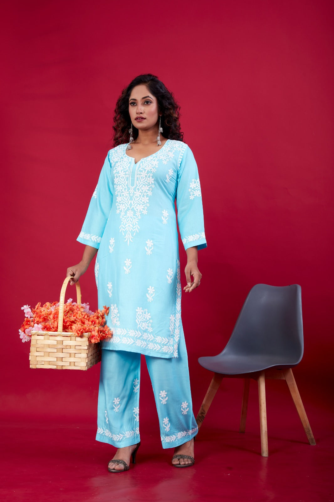Lyush Women Party Wear Lucknowi Embroidery Worked Kurta With Pant - Sky Blue