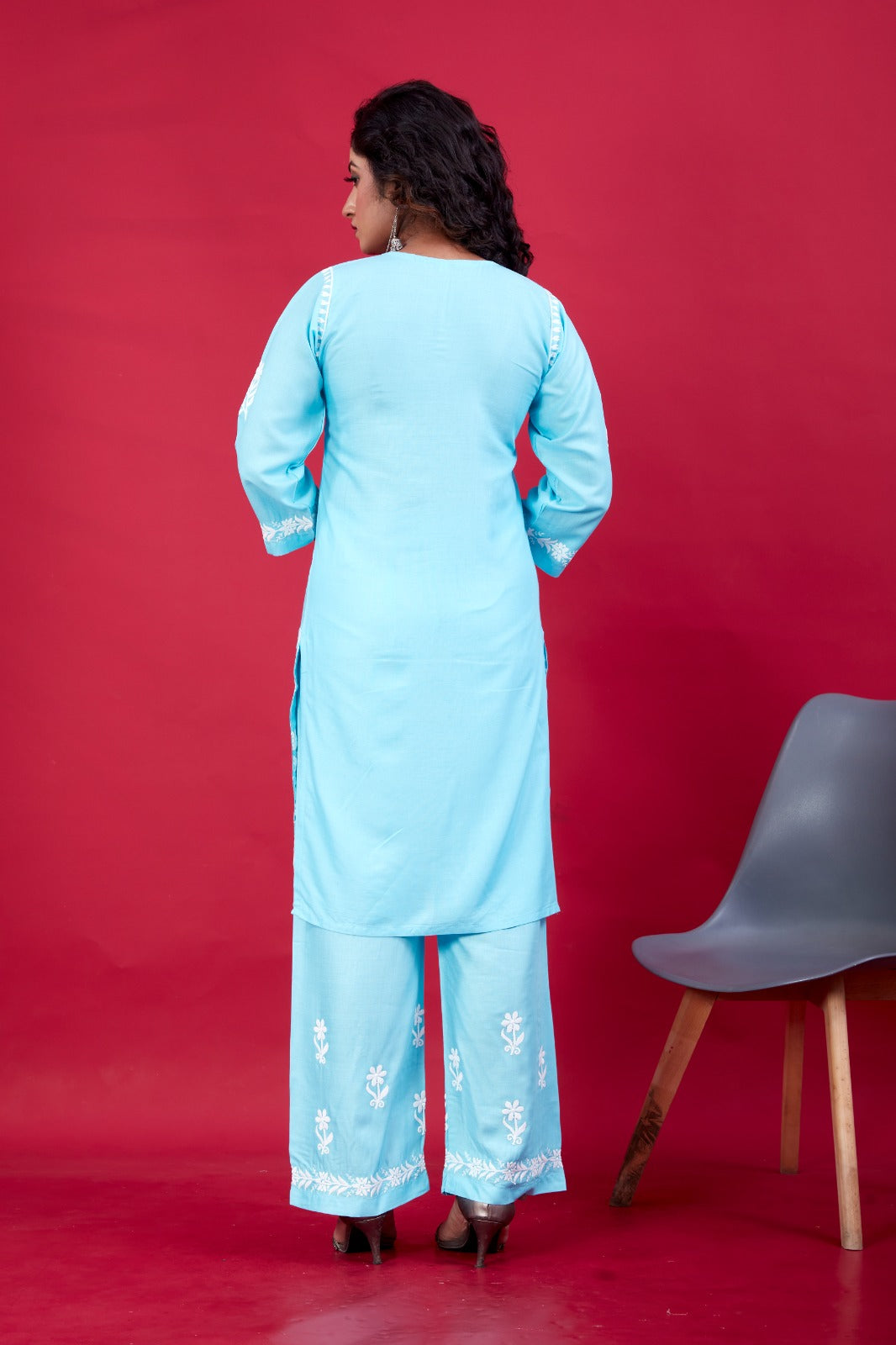 Lyush Women Party Wear Lucknowi Embroidery Worked Kurta With Pant - Sky Blue
