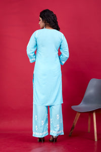 Thumbnail for Lyush Women Party Wear Lucknowi Embroidery Worked Kurta With Pant - Sky Blue