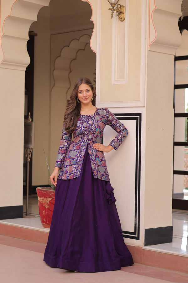 Lorenvalley Fashion Purple Pure Simmer Vichitra Kali Pattern with Canvas Patta Lehenga Choli