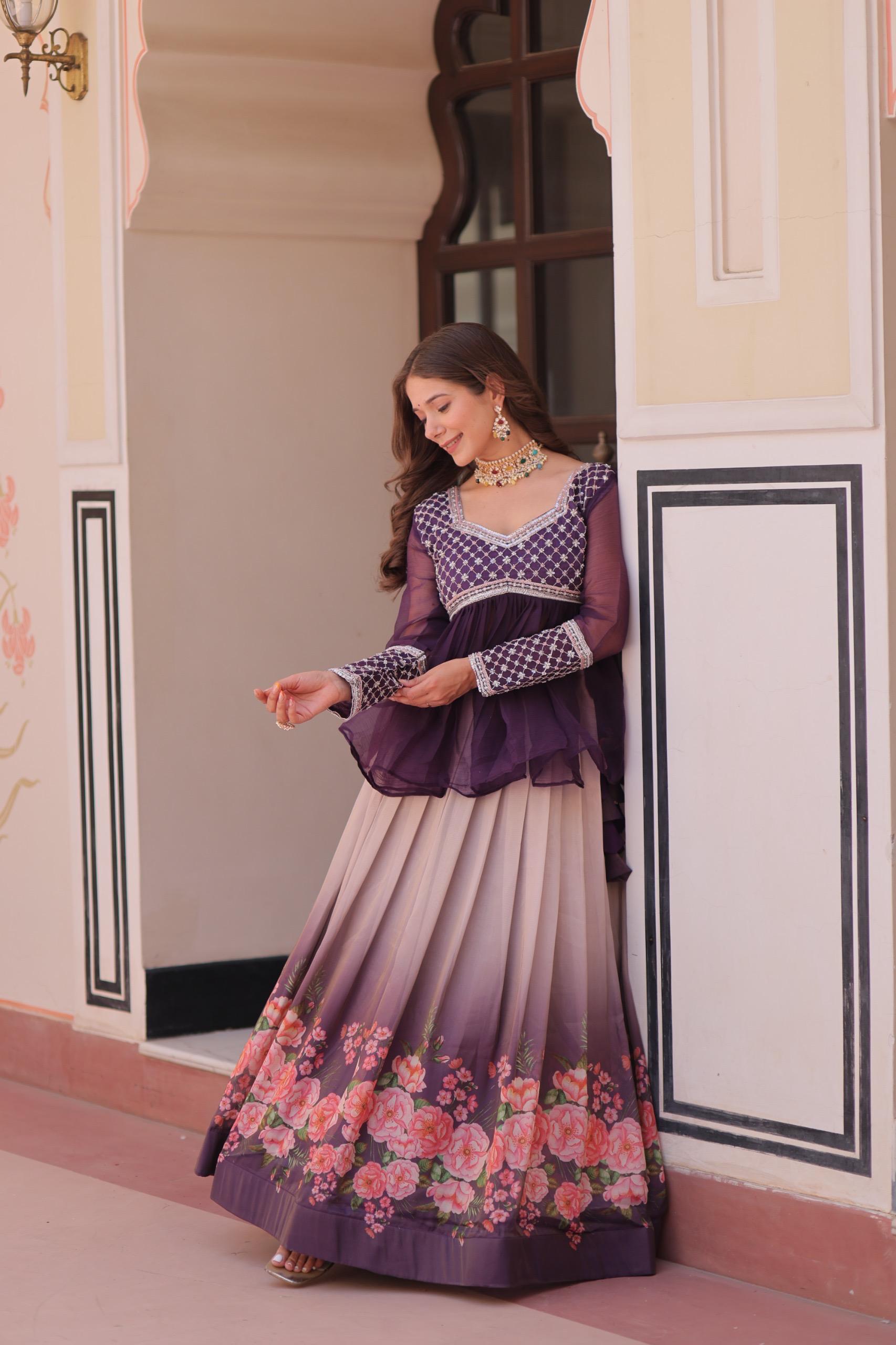 Prazu Fashion Purple Chiffon With Beads Embroidered Work Lehenga