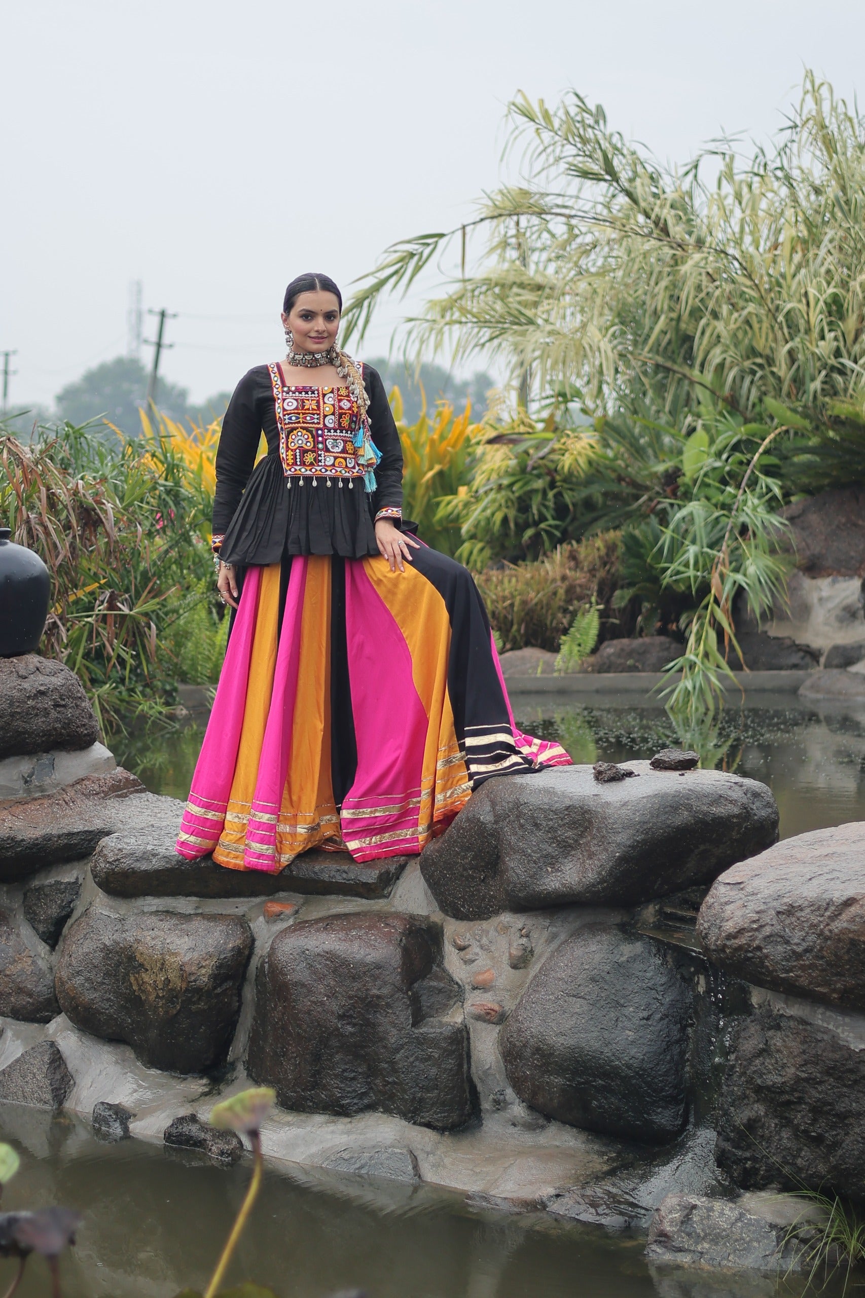 Prazu Fashion Black Reyon Attractive Gota-Patti Lace Lehenga With Top For Navaratri