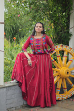 Thumbnail for Prazu Fashion Maroon Roman Silk Kutchi Gamthi Embroidered Work Lehenga For Navaratri