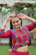 Thumbnail for Prazu Fashion Maroon Roman Silk Kutchi Gamthi Embroidered Work Lehenga For Navaratri