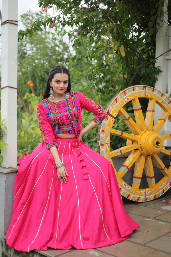 Prazu Fashion Pink Roman Silk Kutchi Gamthi Embroidered Work Lehenga For Navaratri