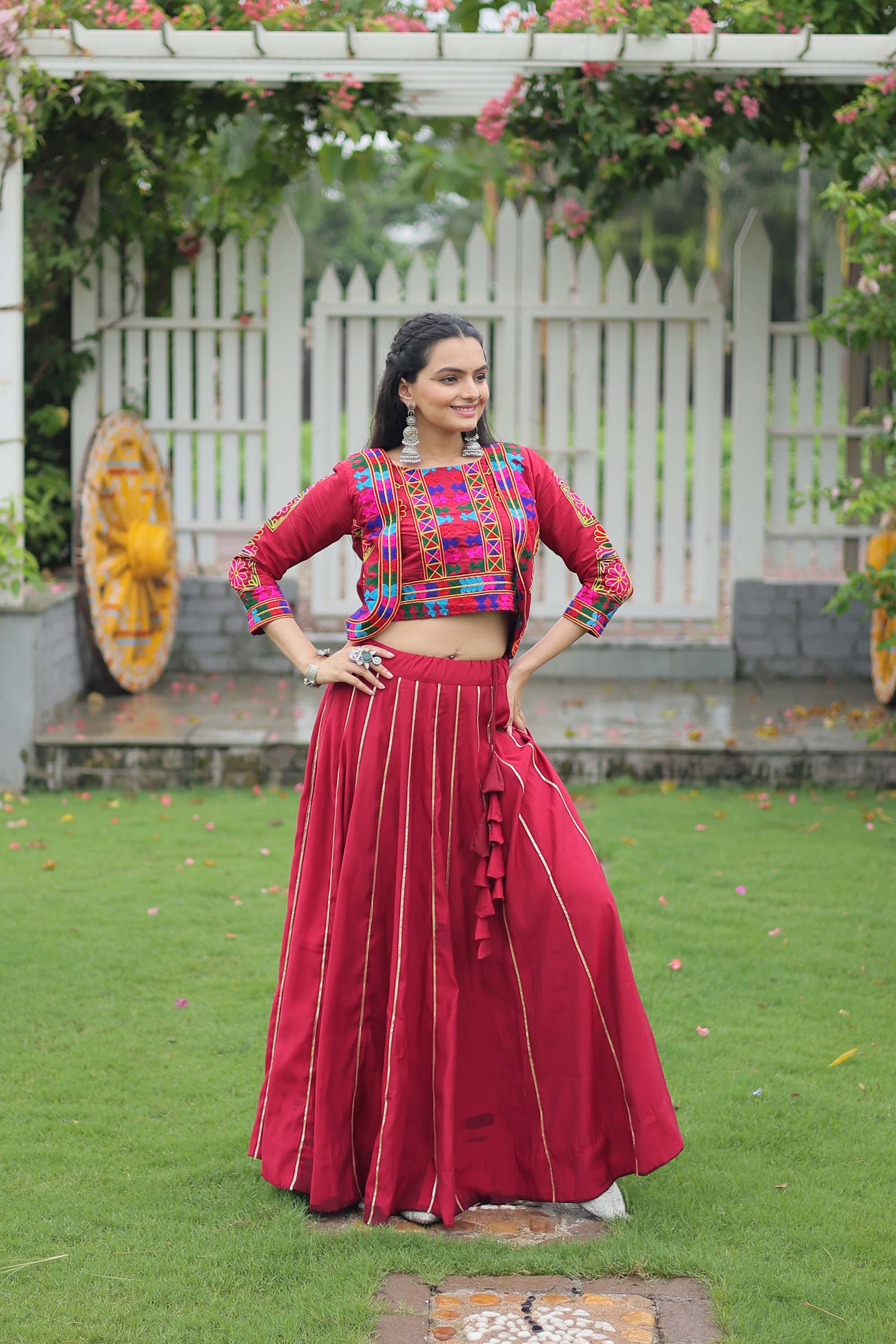 Lorenvalley Fashion Maroon Roman Silk with Attractive Gota-Patti Lace Lehenga Choli