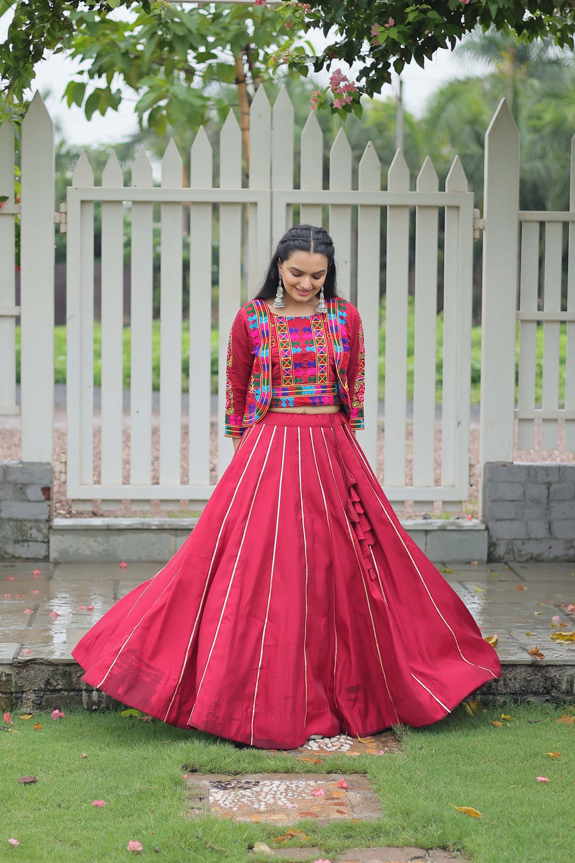 Lorenvalley Fashion Maroon Roman Silk with Attractive Gota-Patti Lace Lehenga Choli
