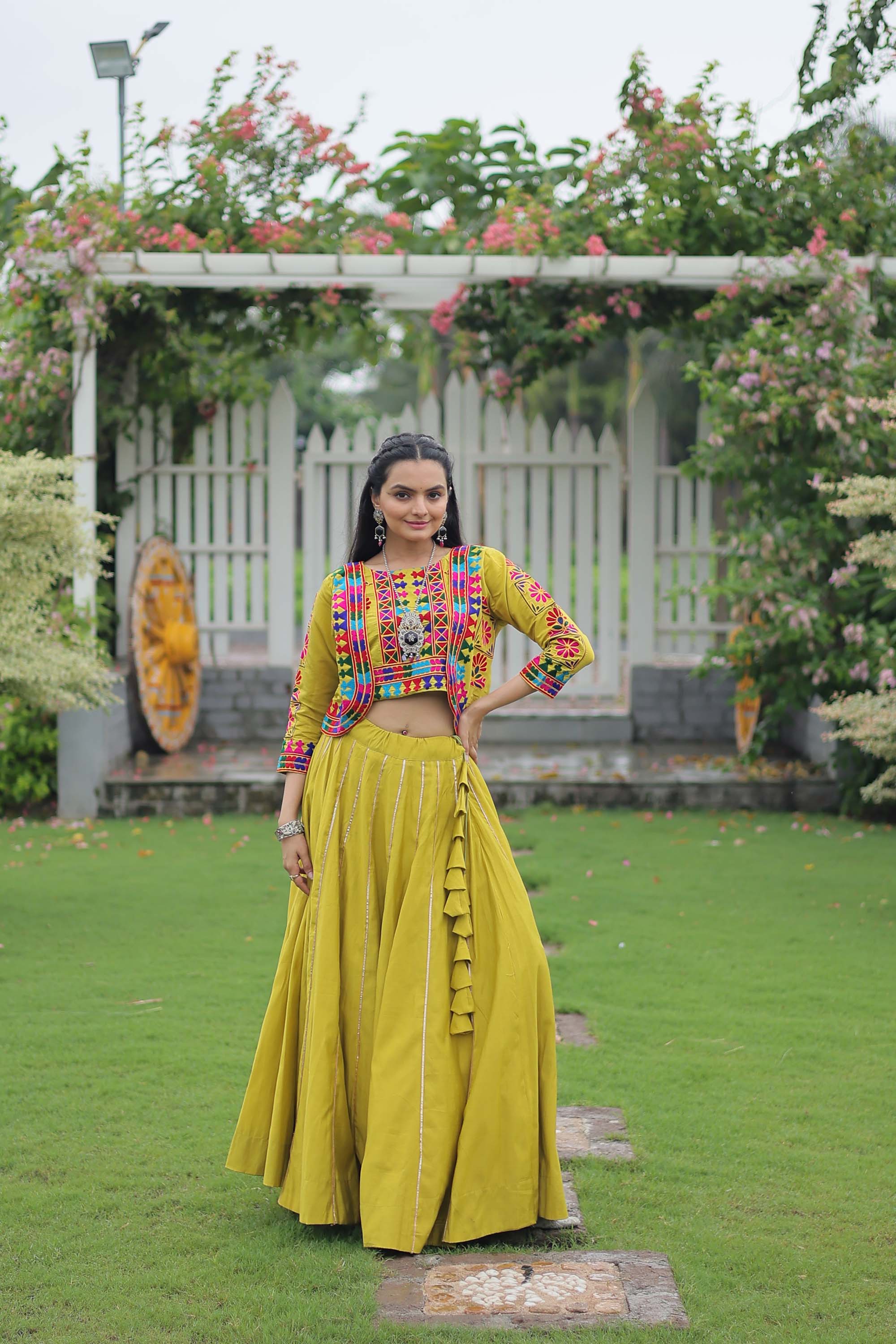 Lorenvalley Fashion Parotgreen Roman Silk with Attractive Gota-Patti Lace Lehenga Choli