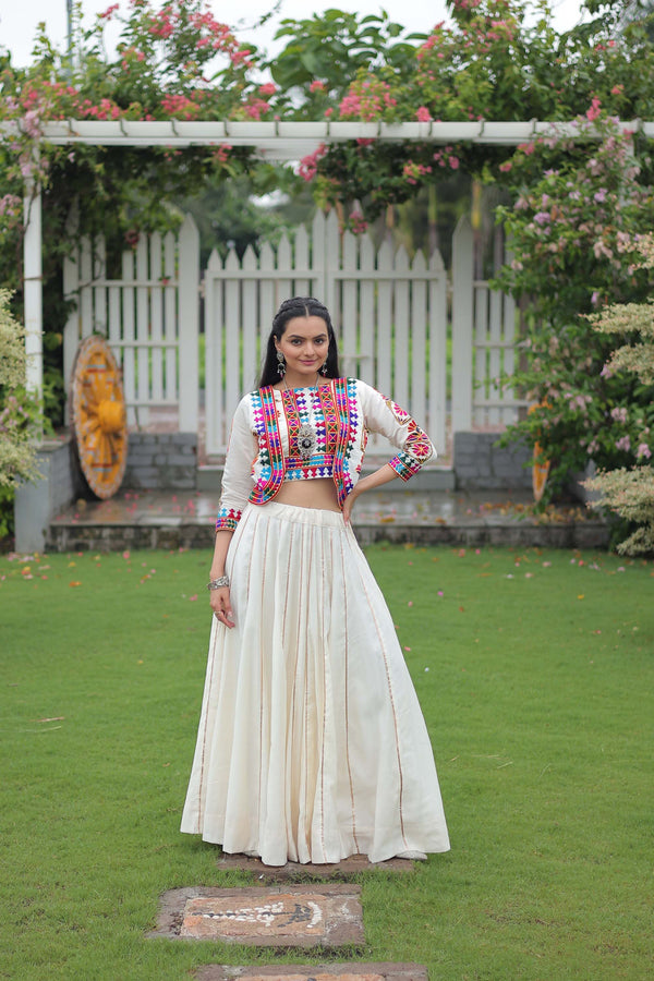 Lorenvalley Fashion White Roman Silk with Attractive Gota-Patti Lace Lehenga Choli