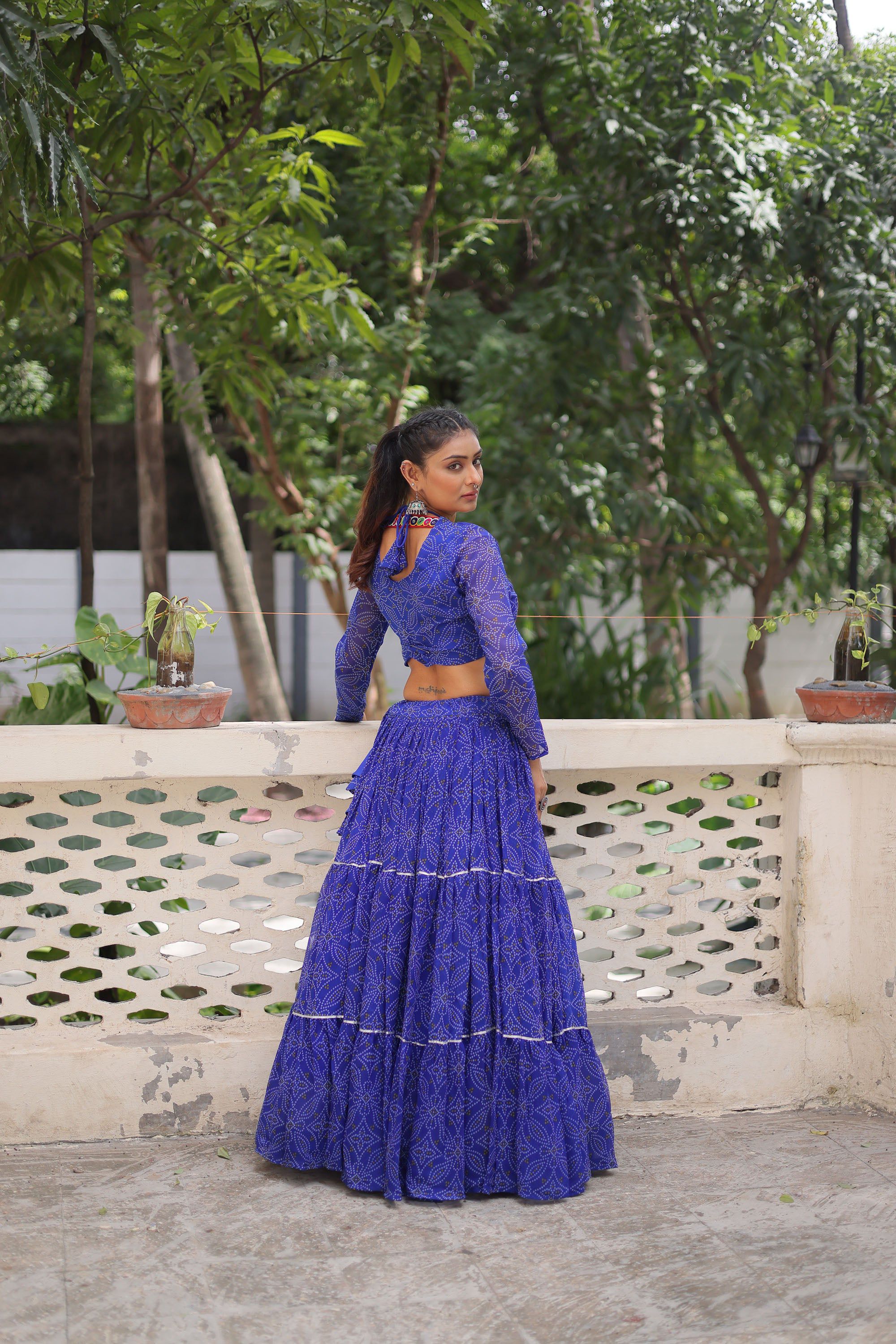 Lorenvalley Fashion Blue Faux Georgette Bandhej Print with Gotta Patti Lace Work Lehenga Choli