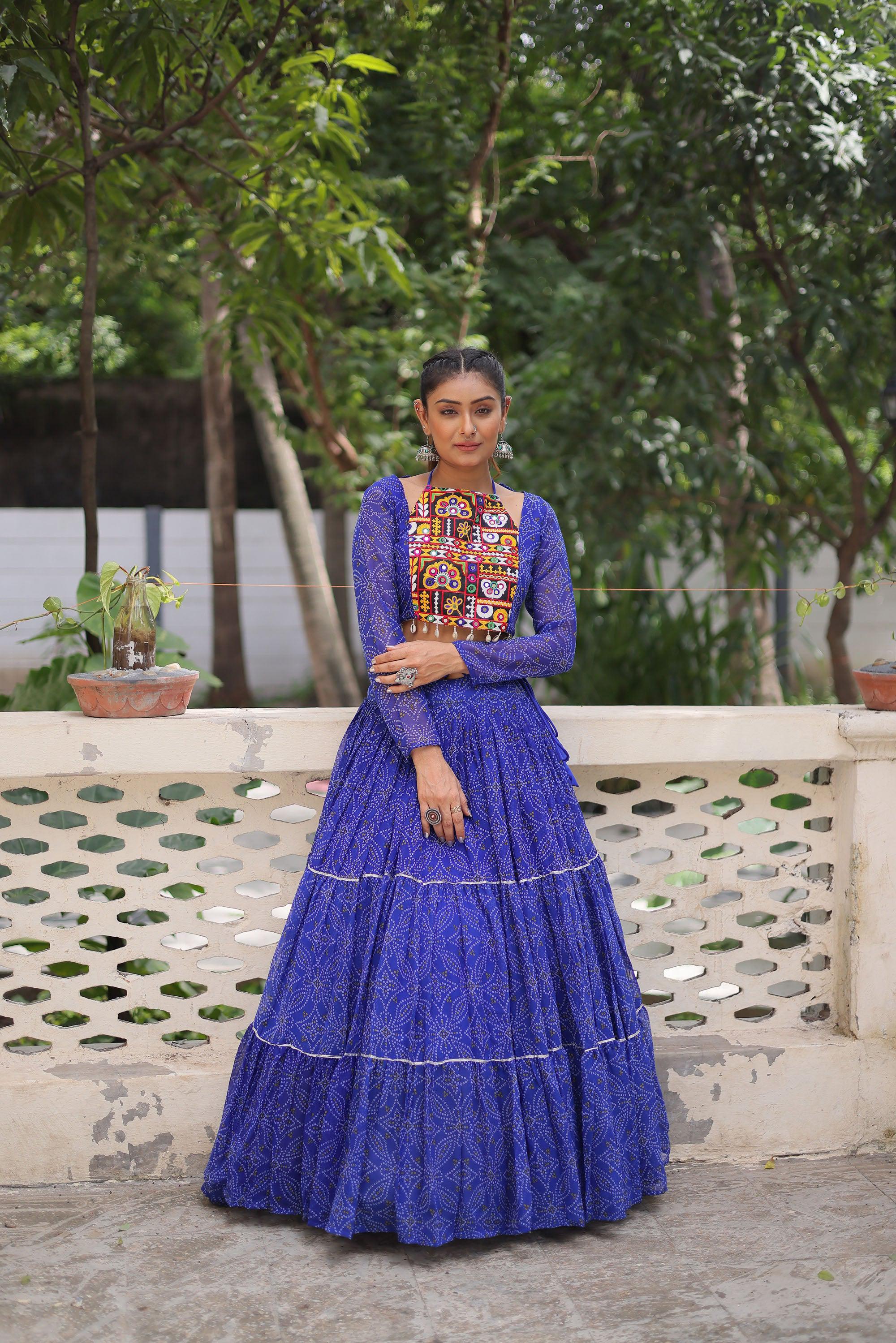 Lorenvalley Fashion Blue Faux Georgette Bandhej Print with Gotta Patti Lace Work Lehenga Choli