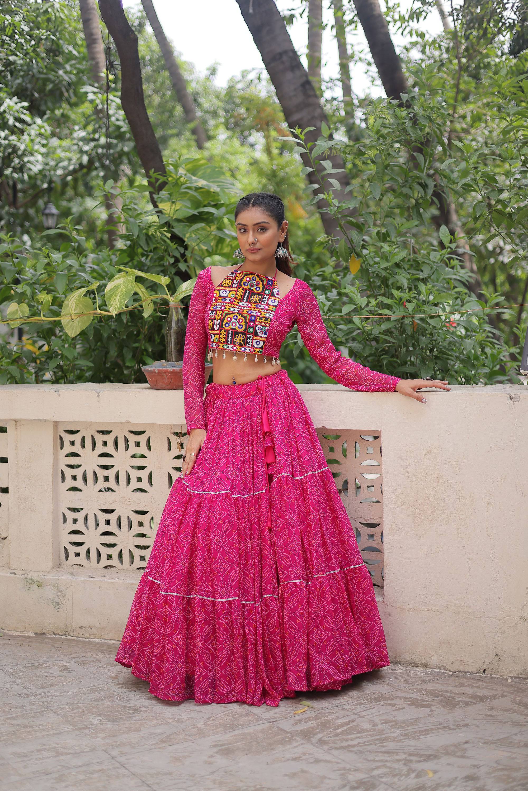 Lorenvalley Fashion Pink Faux Georgette Bandhej Print with Gotta Patti Lace Work Lehenga Choli