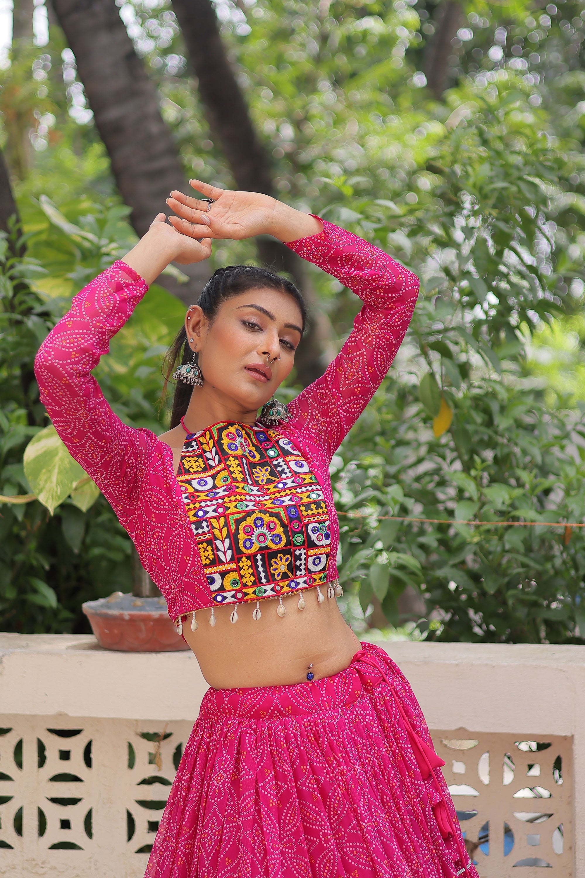 Lorenvalley Fashion Pink Faux Georgette Bandhej Print with Gotta Patti Lace Work Lehenga Choli