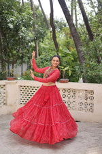 Thumbnail for Lorenvalley Fashion Red Faux Georgette Bandhej Print with Gotta Patti Lace Work Lehenga Choli