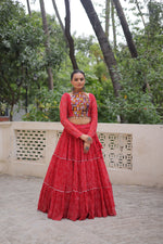 Thumbnail for Lorenvalley Fashion Red Faux Georgette Bandhej Print with Gotta Patti Lace Work Lehenga Choli