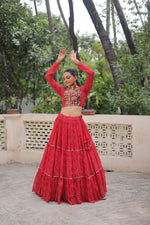 Thumbnail for Lorenvalley Fashion Red Faux Georgette Bandhej Print with Gotta Patti Lace Work Lehenga Choli