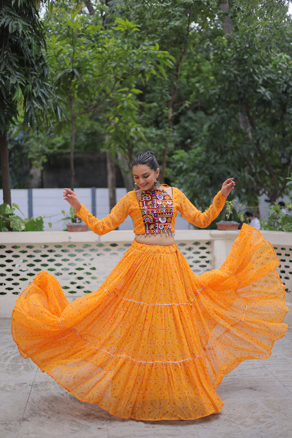 Lorenvalley Fashion Yellow Faux Georgette Bandhej Print with Gotta Patti Lace Work Lehenga Choli