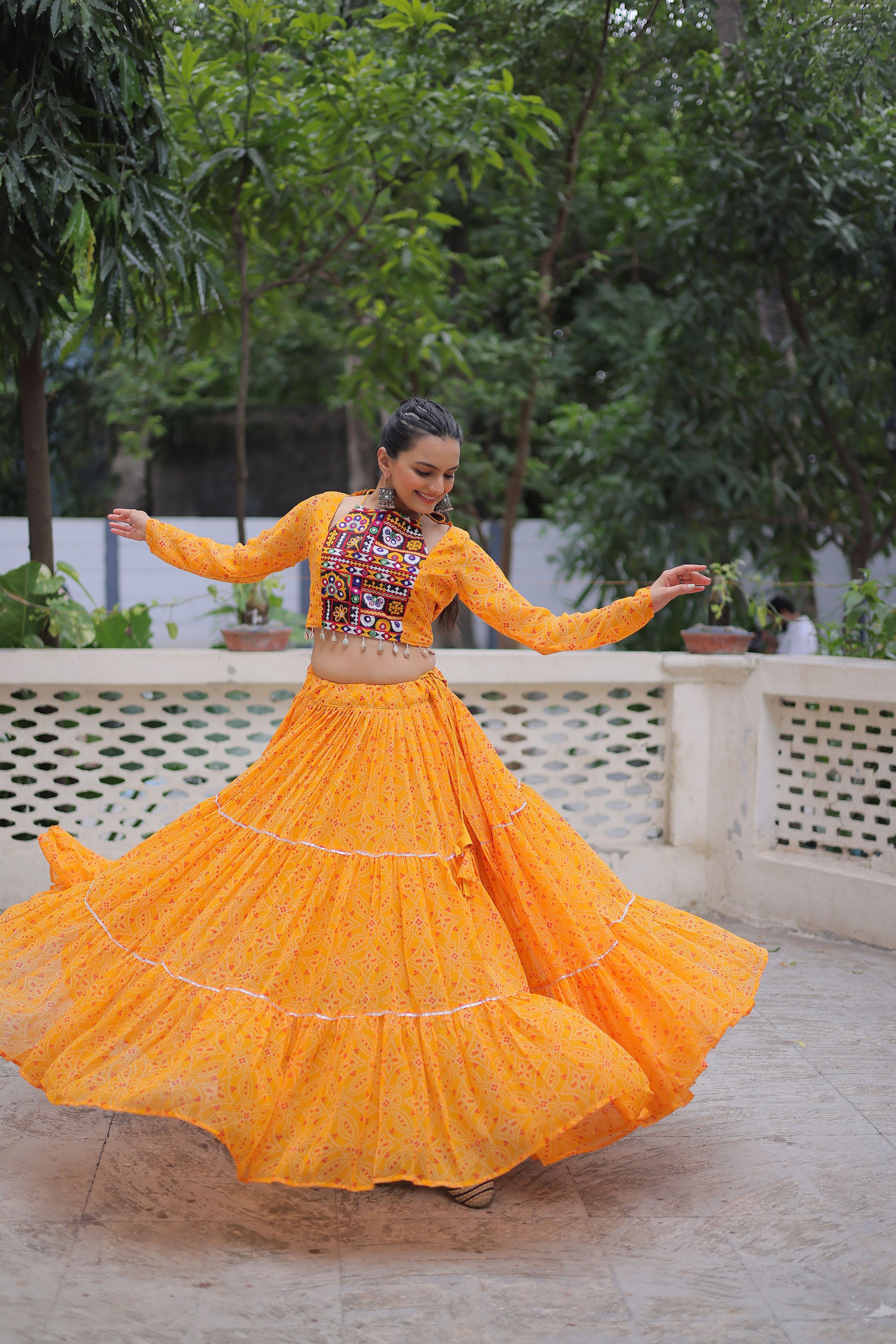 Lorenvalley Fashion Yellow Faux Georgette Bandhej Print with Gotta Patti Lace Work Lehenga Choli