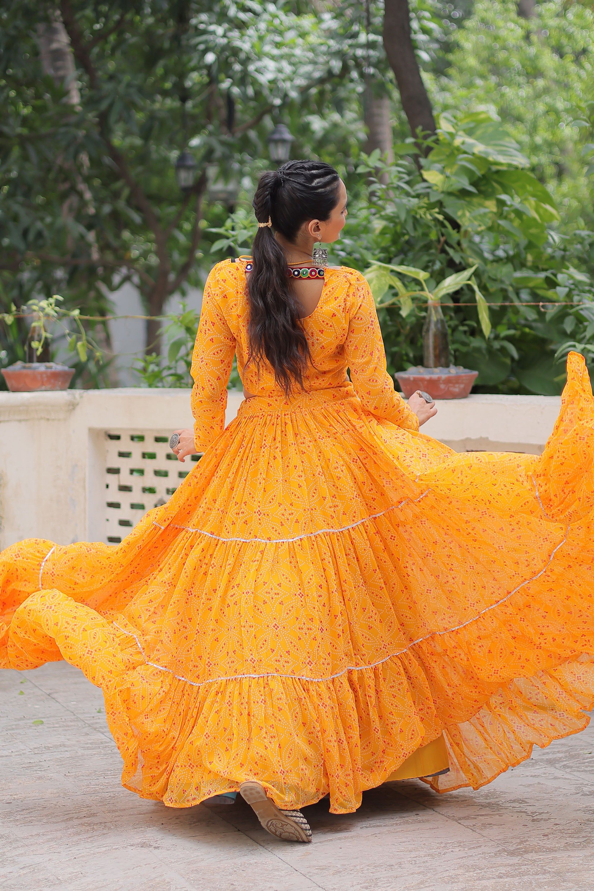 Lorenvalley Fashion Yellow Faux Georgette Bandhej Print with Gotta Patti Lace Work Lehenga Choli