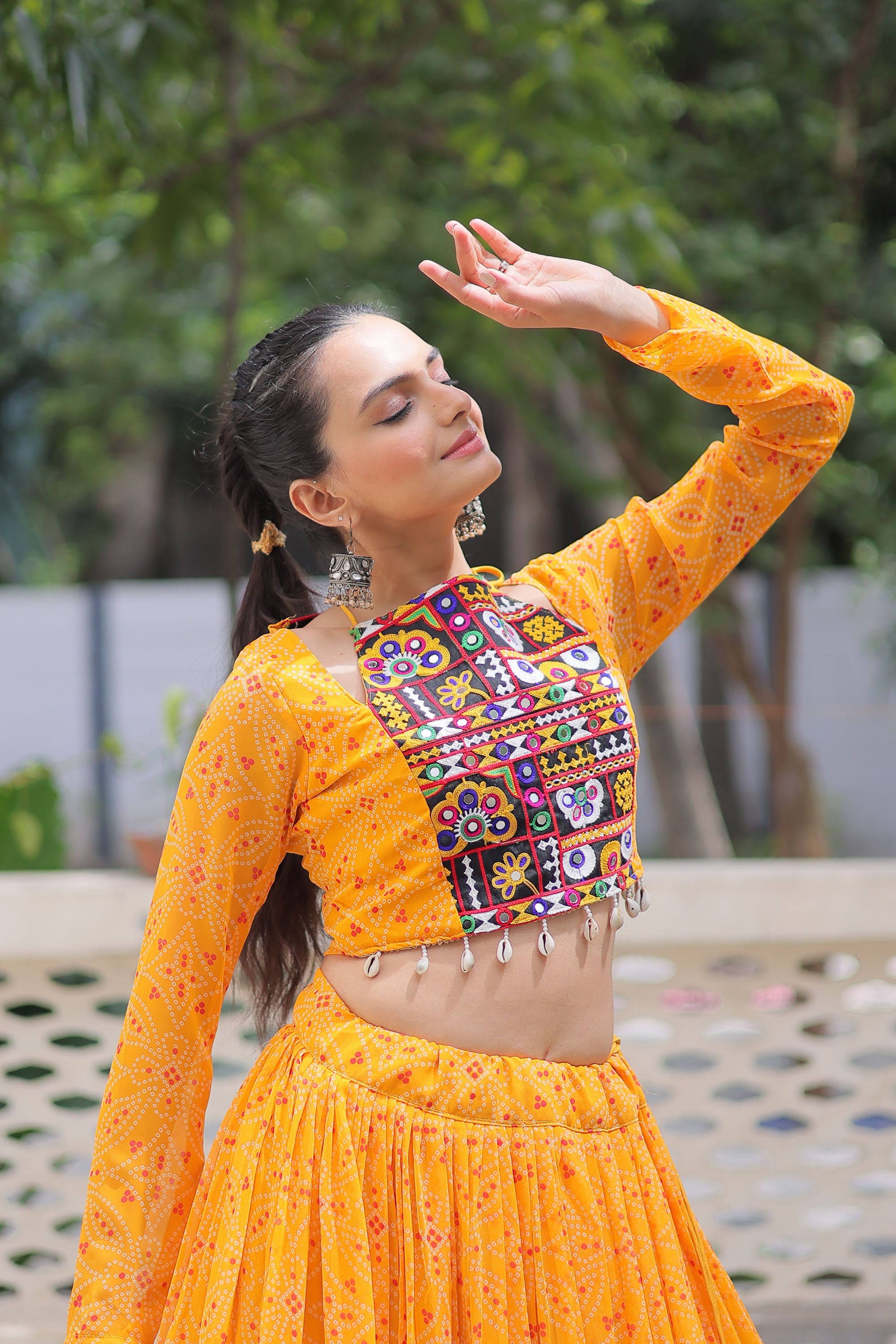 Lorenvalley Fashion Yellow Faux Georgette Bandhej Print with Gotta Patti Lace Work Lehenga Choli