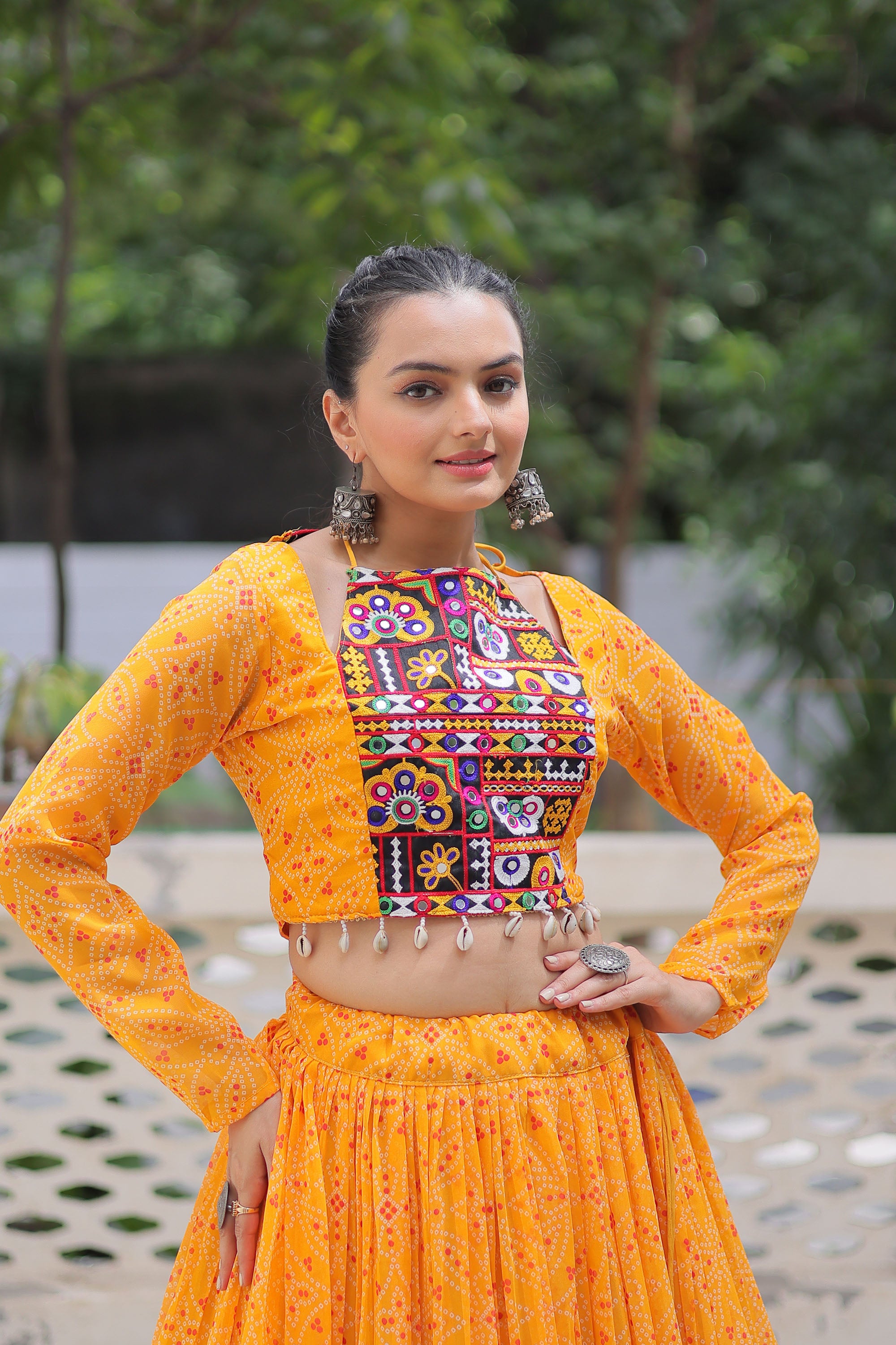 Lorenvalley Fashion Yellow Faux Georgette Bandhej Print with Gotta Patti Lace Work Lehenga Choli