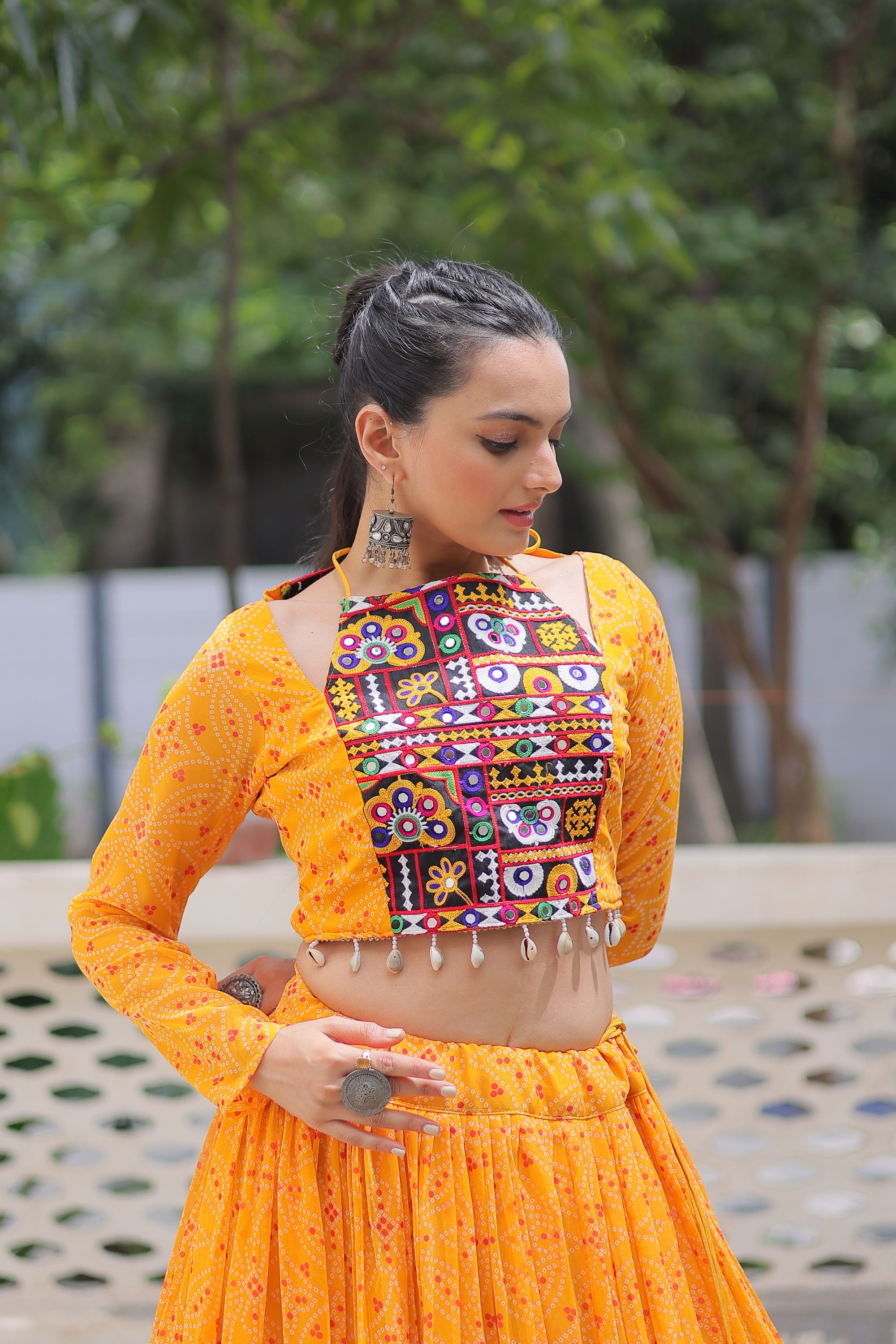 Lorenvalley Fashion Yellow Faux Georgette Bandhej Print with Gotta Patti Lace Work Lehenga Choli