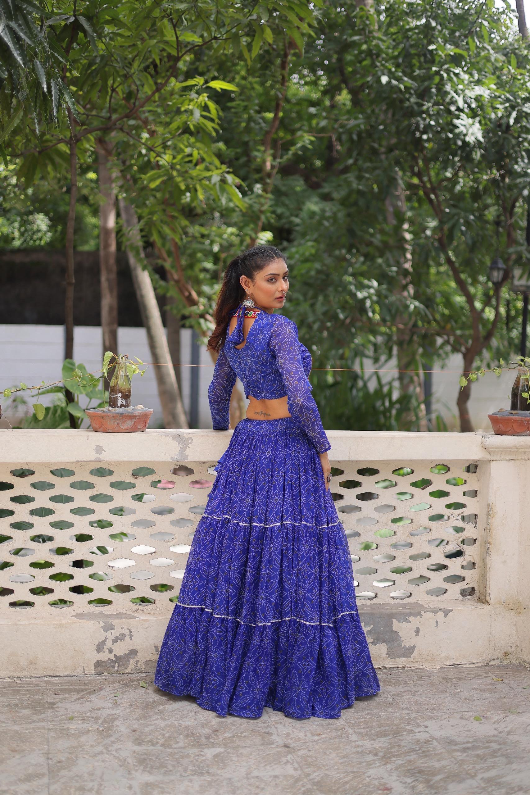 Prazu Fashion Blue Georgette Bandhej Print With Gotta Patti Lehenga For Navratri