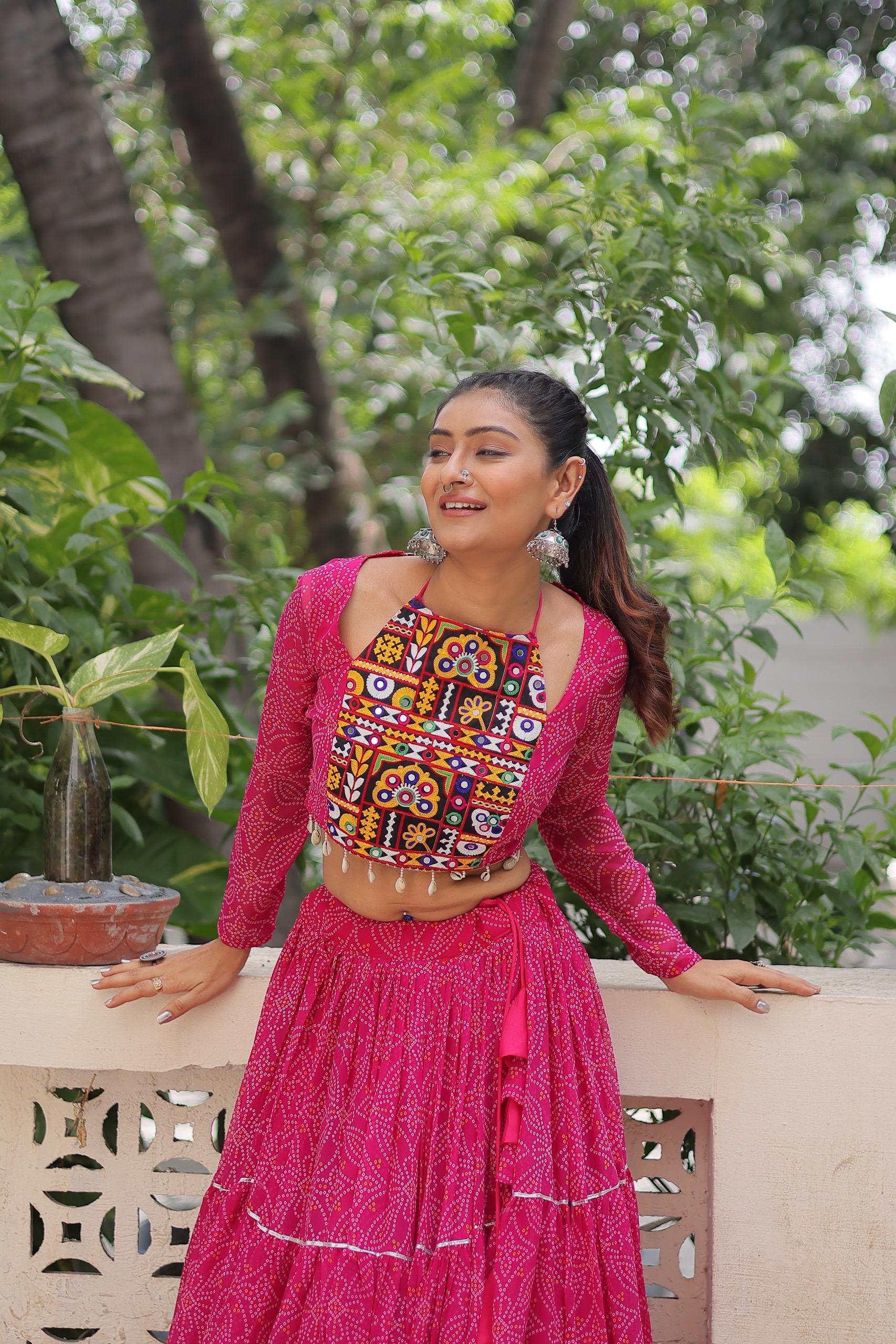 Prazu Fashion Pink Georgette Bandhej Print With Gotta Patti Lehenga For Navratri