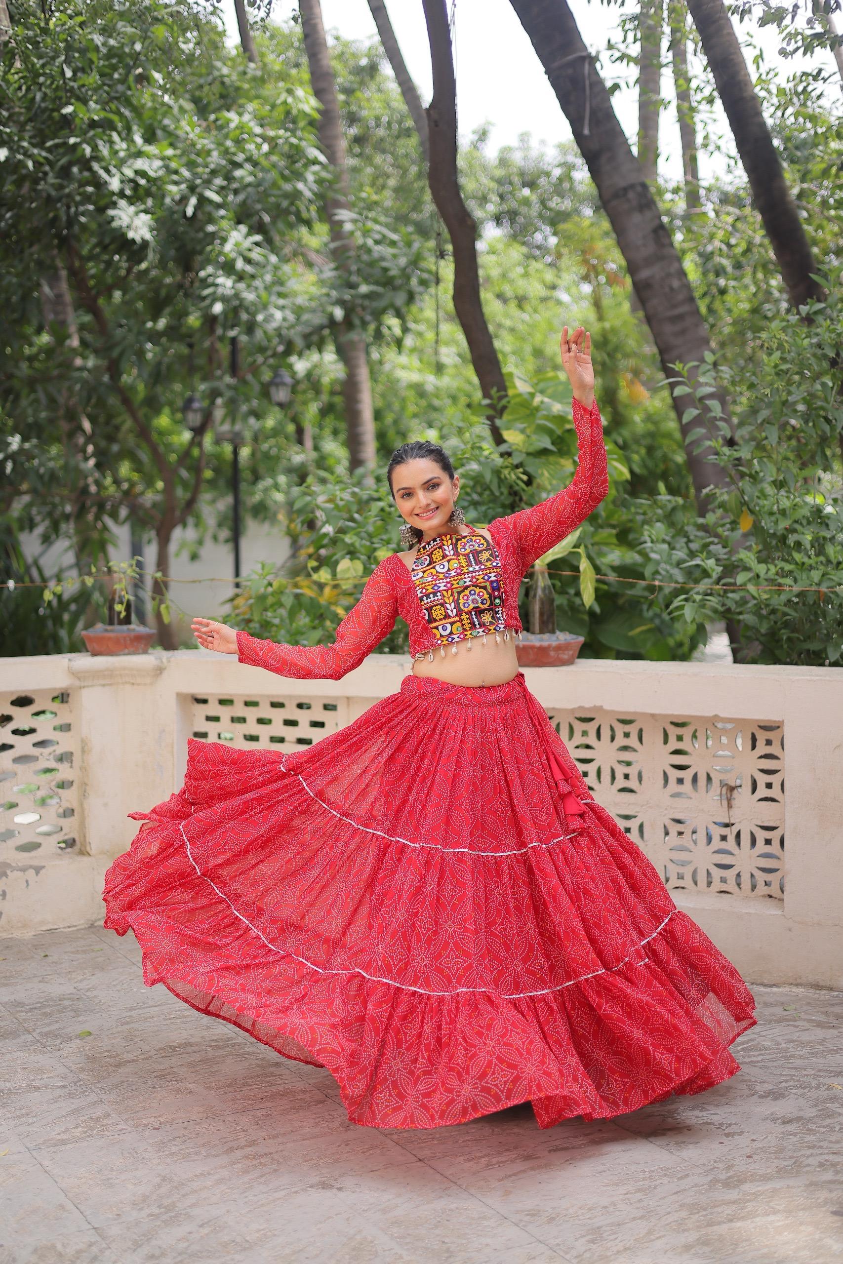 Prazu Fashion Red Georgette Bandhej Print With Gotta Patti Lehenga For Navratri