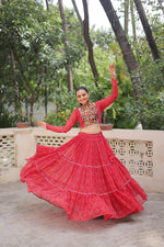 Thumbnail for Prazu Fashion Red Georgette Bandhej Print With Gotta Patti Lehenga For Navratri