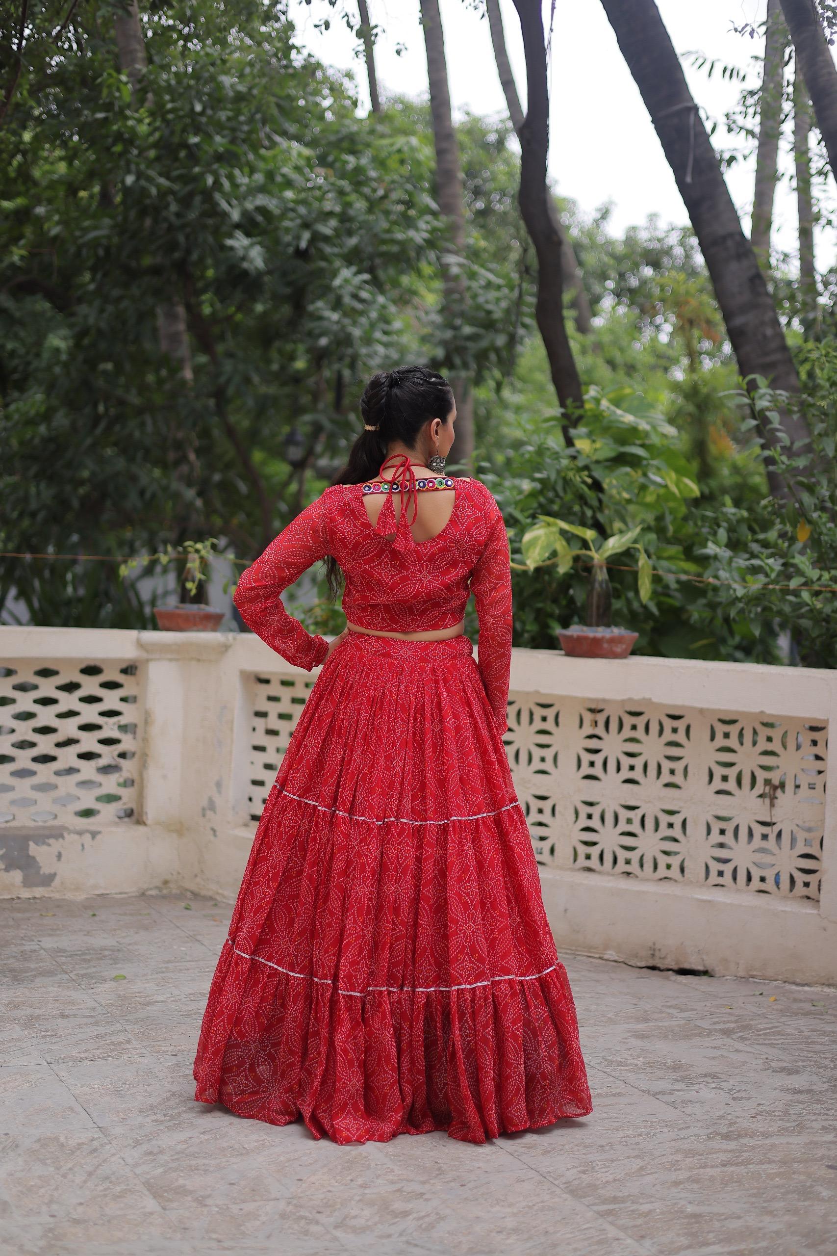 Prazu Fashion Red Georgette Bandhej Print With Gotta Patti Lehenga For Navratri